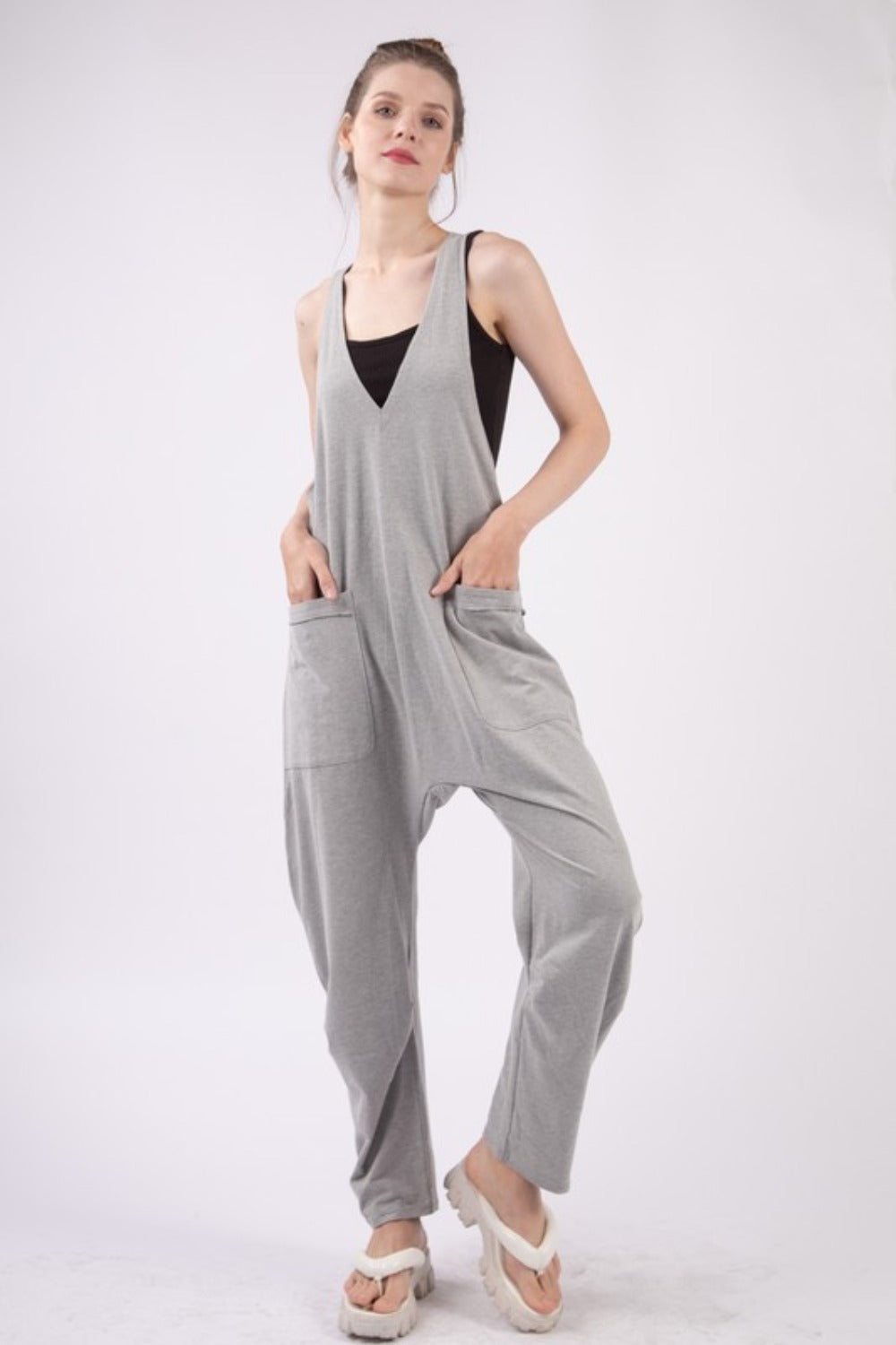 Plunge Jumpsuit with Pockets